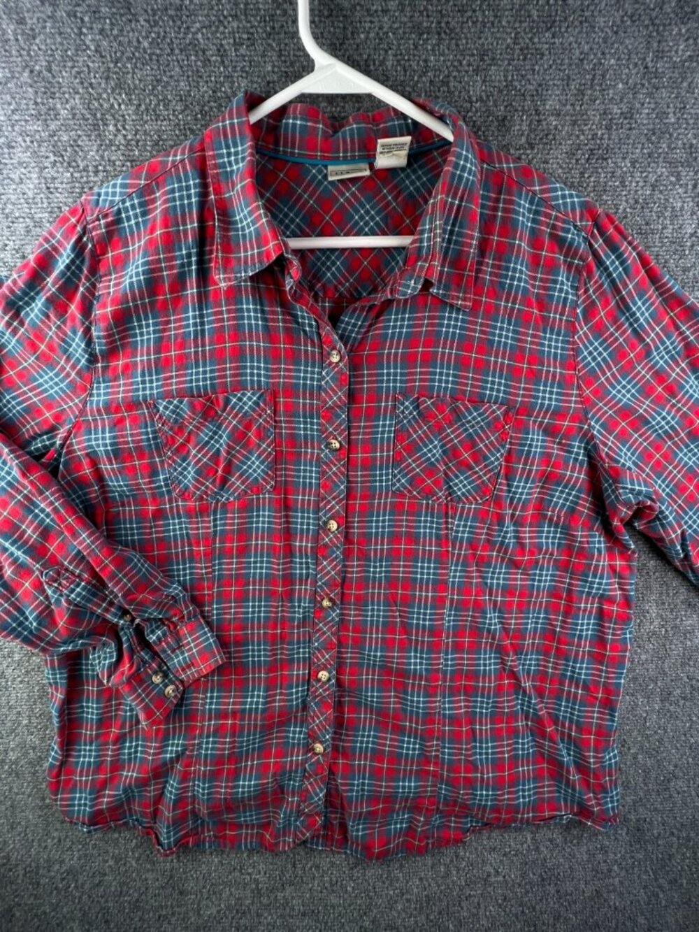 LL Bean Button Up Shirt Women Red Blue Plaid Plus 1X EXT Long Sleeve Cotton